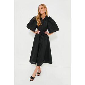 NWT Joslin Black Fleur Linen Embroidered Midi Shirt Dress, Size 0